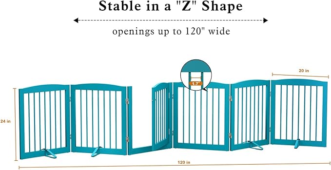 PUPETPO Freestanding Pet Gates with Walk Through Door, Dog Indoor Fence, Dog Gate for The House, Doorway, Stairs, Extra Wide Pet Gate, Support Feet Included, 120 Inch Wide, 6 Panels 24" Tall, Blue