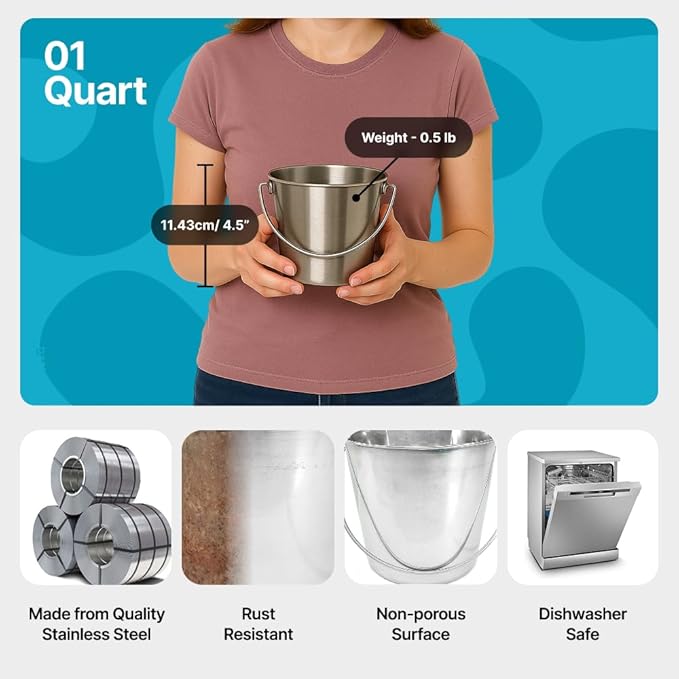 Heavy Duty Stainless Steel Bucket, 1 Quart – Durable Small Metal Bucket for Feeding, Watering Pets & Cleaning – Perfect for Kennels, Critter Crates, Cages and Hanging on Fences