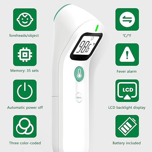 Greetmed No Touch Forehead Digital Thermometer for Adults, Kids with Fever Alarm, 1s Instant Reading Large LCD Display, Multi-Mode Object Temperature (Batteries Included)