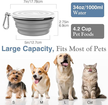 Pawaboo Collapsible Dog Bowls 2 Pack, Silicone Feeding Watering Bowls with Lids & Carabiners for Dogs Cats, Portable Water Feeder Food Bowl for Walking Traveling Home Use, 1000ml, Blue + Grey