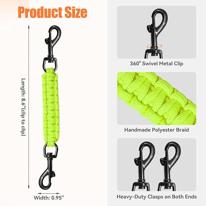 Dog Collar Safety Clip, Collar Companion, Handmade Backup Safety Strap, Double-Ended Clip Leash Connector, Suitable for Dog Harnesses, Prong, Pinch Collars (Fluoro Green, 1 Pack)