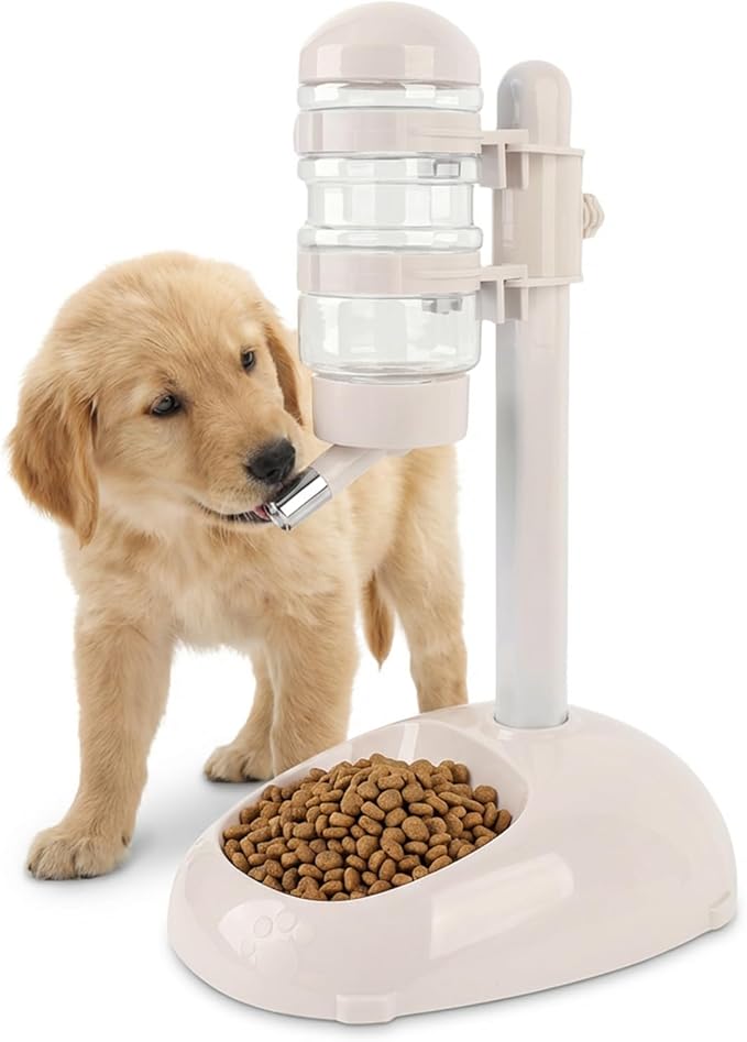 Denash Pet Standing Water Dispenser Feeder, 500ml Dog Water Feeder Bottle Adjustable Raised Pet Food Bowl for Dogs Detachable Bottles Easy Cleaning (Beige)