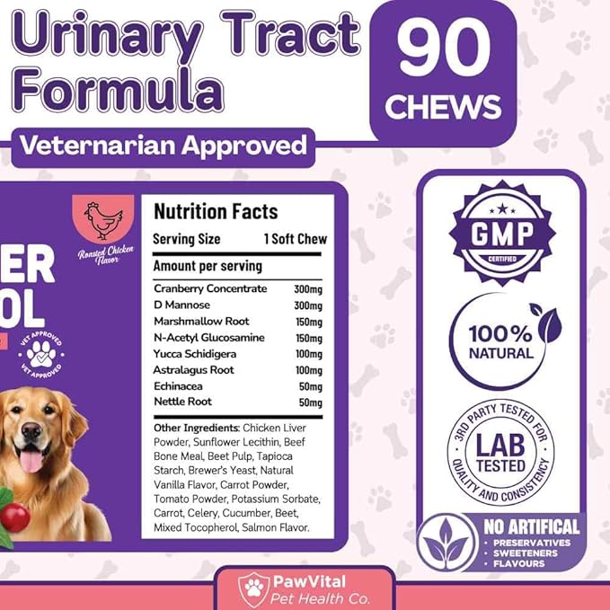 Dog UTI & Bladder Control Chews – Cranberry & D-Mannose Urinary Tract Support for Dogs, Helps Stop Leaking & Incontinence, All-Natural Chicken Flavor, 90 Soft Chews