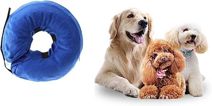 Inflatable Dog Neck Collar PVC Soft Warm Comfortable Protective Recovery Cone for Post Surgery Skin Itching Pets (Blue)