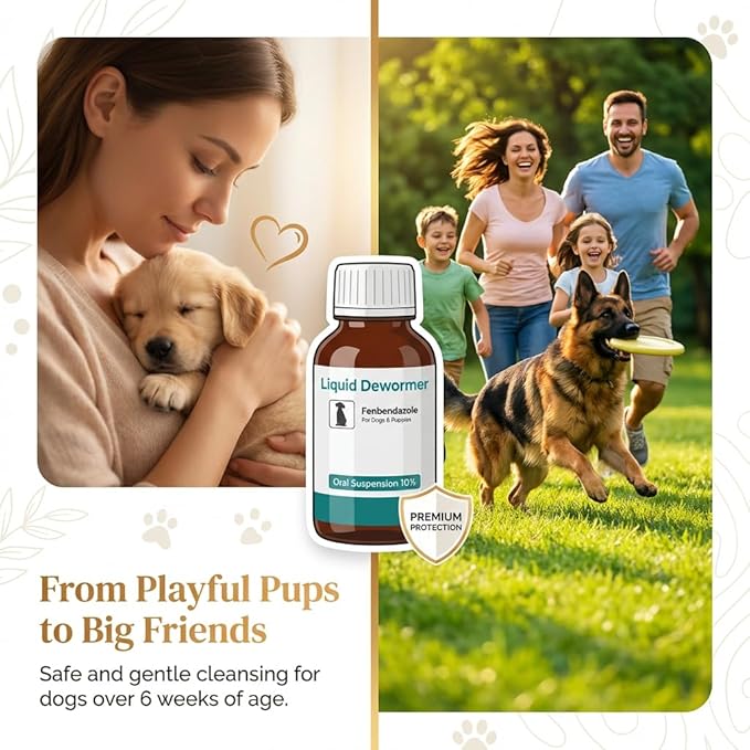Dewormer for Dogs & Cats Liquid Fenbendazole 10% - Broad Spectrum Suspension - Removes Roundworm, Hookworm, Whipworms, Tapeworm - Easy to Mix with Food, Includes 3ml Dosing Syringe (100ml)