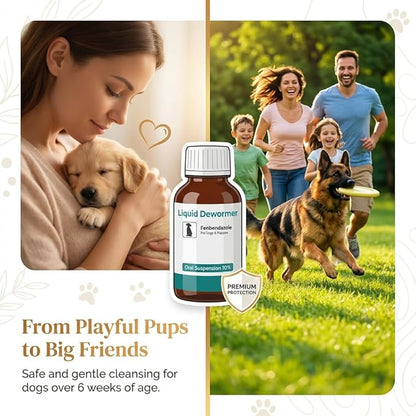 Dewormer for Dogs & Cats Liquid Fenbendazole 10% - Broad Spectrum Suspension - Removes Roundworm, Hookworm, Whipworms, Tapeworm - Easy to Mix with Food, Includes 3ml Dosing Syringe (100ml)