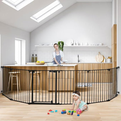 COMOMY 150" Extra Wide Baby Gate with Door, Dog Gates for The House Doorways Fireplace, Auto Close Baby Fence Play Area, Walk Through Pet Gate, Hardware Mounted, 6-Panels (30" Tall, Black)