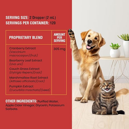 Cat & Dog Urinary Tract Infection Treatment – Natural UTI Relief with Cranberry Drops – Kidney & Bladder Support – Helps Incontinence, Frequent Urination, Bladder Stones – Pet Renal Care Drops