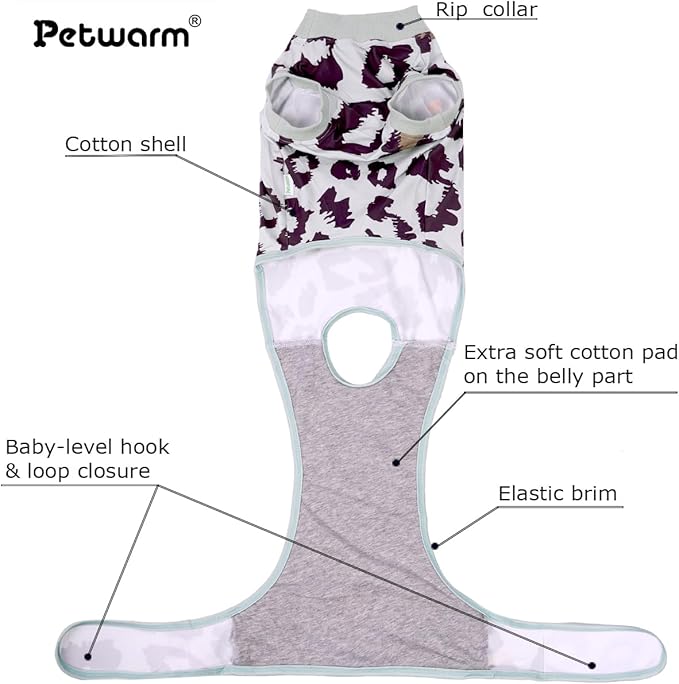 PetWarm Dog Post Surgery Suit, After Surgery Onesie for Male Female Dogs, Prevents Licking, Cotton Protect Abdominal, Dog Cone E-Collar Alternative, Leopard Pattern, Green Grey, 2XL