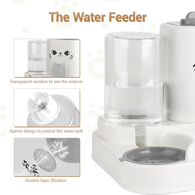 2-in-1 Gravity Pet Feeder & Water Dispenser for Cats Dogs - Large Capacity Cat Food Station with Water Bowl, Travel-Friendly (Gray)