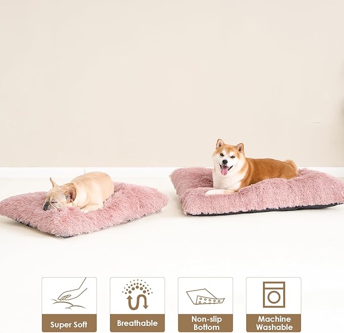 EHEYCIGA Fluffy Dog Crate Bed for Extra Large Dogs, Plush Faux Fur XLP Pad, Calming Anti Anxiety XL Plus Bed for Crate, Washable Soft Warm Dog Mat with Non-Slip Bottom, Pink
