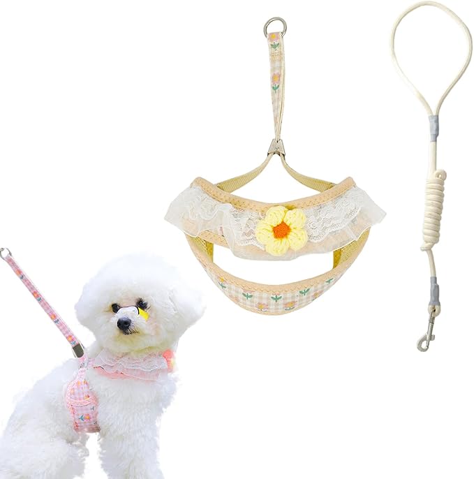 Cat Harness Collar and Leash Set, Sweet Lace Floral Kitten Collar, Escape Proof Puppy Chest Harness, Adjustable Cute Harness Leash Set for Cat Puppy Dog Outdoor Walking (Yellow, M)