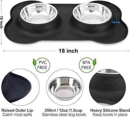 AsFrost Dog Food Bowls Stainless Steel & Water Dish with No-Spill and Non-Skid, Feeder Bowls with Dog Food Dish for Small Medium Large Size,Dogs,Cats,Puppy Pets, Black, 12oz