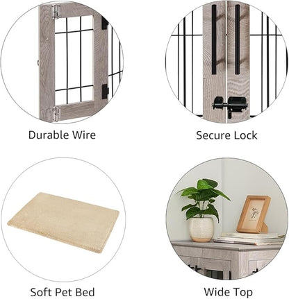 beeNbkks Furniture Style Dog Crate End Table, Double Doors Wooden Wire Dog Kennel with Pet Bed, Decorative Pet Crate Dog House Indoor Medium Large