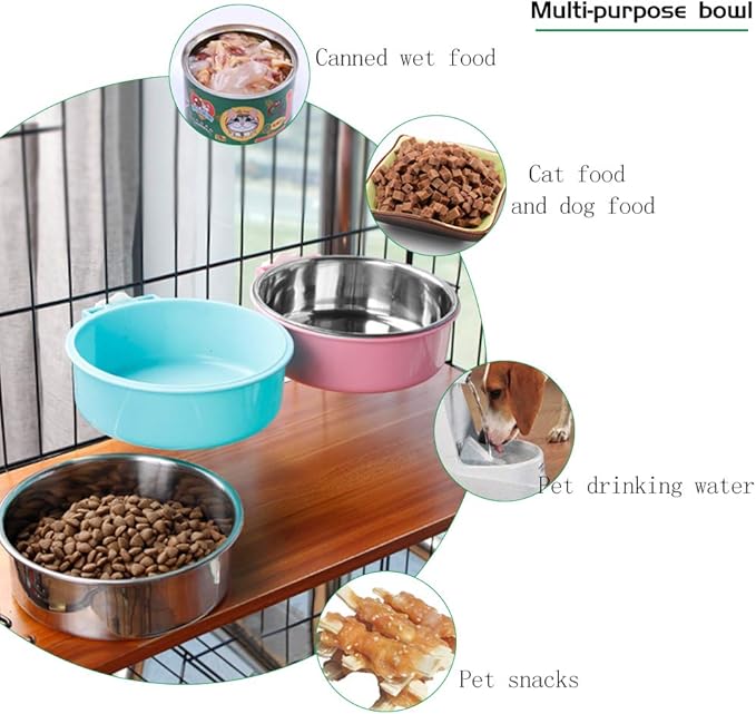 Andiker Pet Bowl 2-in-1 Removable Stainless Steel Food Bowl for Puppy/Cat, Hanging Cage Large Water Food Feeder for Dogs Cats (Small, Blue)