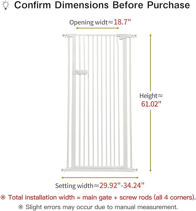Lumizone Extra Tall Cat Gate 61.02" High Pressure Mounted Extra Wide 2025 New (17 Sizes) 1.37" Gap No Drilling Auto-Close One-Handed Operation Tall Pet Gate for Dogs(White, 61.02" H x 29.92"-34.24" W)