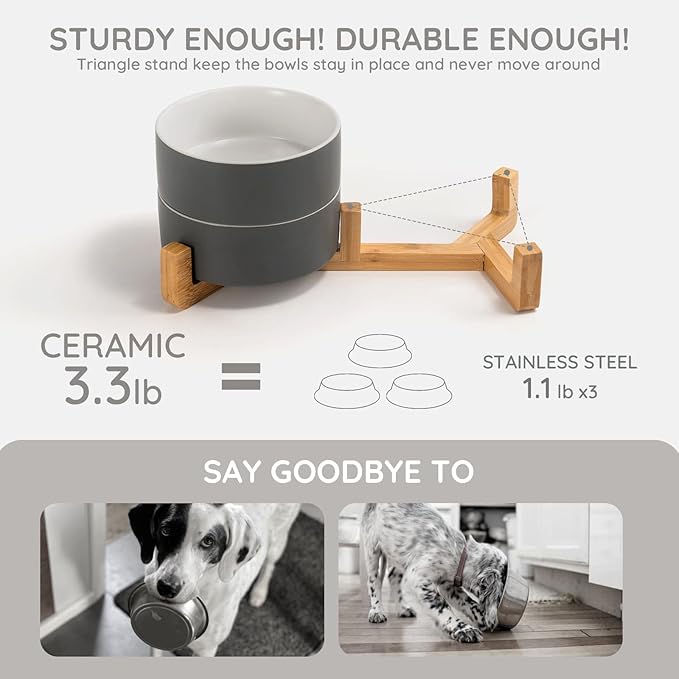 SPUNKYJUNKY Ceramic Dog and Cat Bowl Set with Wooden Stand, Modern Cute Weighted Food Water Set for Small Size Dogs (13.5OZ) & Medium Sized Dogs (28.7OZ) & Cats (1.7 Cups, 2 × White-Gray)