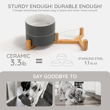 SPUNKYJUNKY Ceramic Dog and Cat Bowl Set with Wooden Stand, Modern Cute Weighted Food Water Set for Small Size Dogs (13.5OZ) & Medium Sized Dogs (28.7OZ) & Cats (1.7 Cups, 2 × White-Gray)