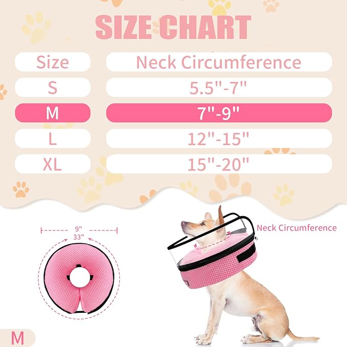 2-in-1 Soft Inflatable Dog Cone Collar Alternative with Enhanced Anti-Licking Guard Shield, Dog Collar After Surgery, Adjustable Recovery Cones for Large Medium Small Dogs and Cats (Pink,M)