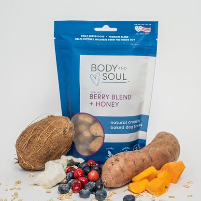Body and Soul Berry Blend + Honey Crunchy Premium Health Training Dog Treats Superfood Oven Baked Biscuits Oats, Barley & Quinoa – Clean Natural Plant Protein, No Additives No Fillers Made in USA 10oz