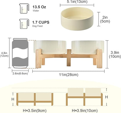 SPUNKYJUNKY Elevated Dog Bowls Ceramic, 5.1'' Dogs and Cat Food Water Bowls Raised with Non-Slip Bamboo Stand for Puppy Small Sized Breed Microwave Dishwasher Safe - 13.5 OZ,Beige