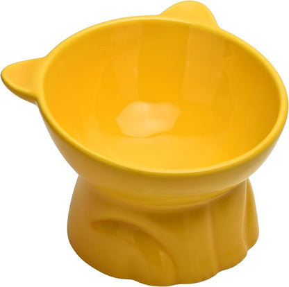 Elevated Cat Food Bowl,9 Oz Ceramic Raised and Tilted Water Bowl,Anti Vomiting and Protect Pets Spines Dishes for Fat Faced Cat, Indoor Cats,Kitten,Small Dog (Yellow)