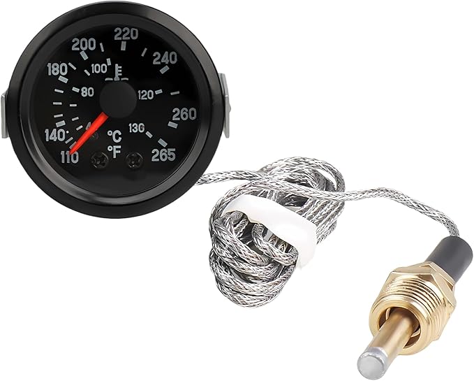 DXNQ Water Temperature Gauge, 2" 52mm 12V Pointer Mechanical Coolant Temp Gauge(40-130℃, 110-265℉), Dual Scale Yellow LED Light Water Thermometer with Sensor NPT 1/2 for Car Boat Marine Truck