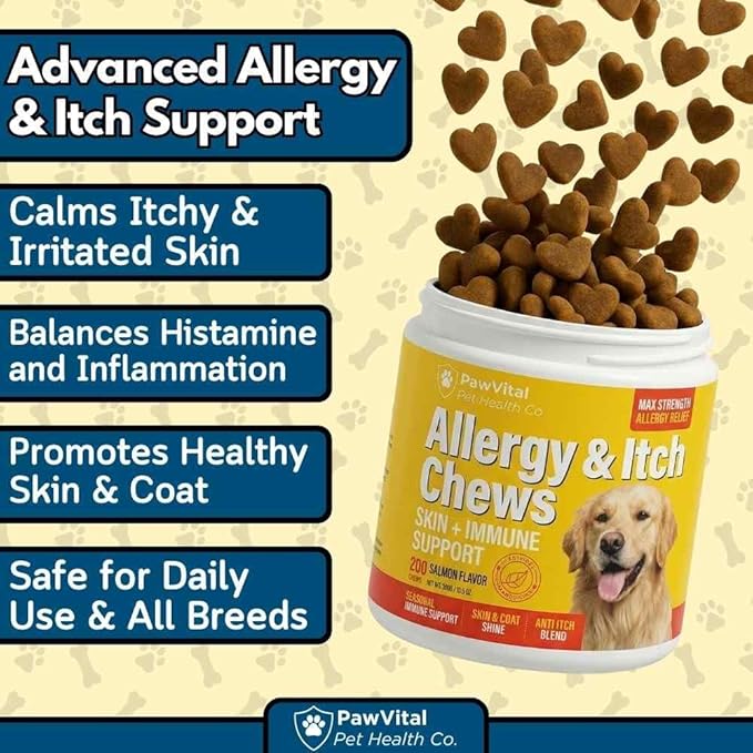 Dog Allergy Chews - 200ct Dog Allergy Relief for Itching Skin & Paw Licking - Allergy and Immune Chews for Dogs with Probiotics & Colostrum - Anti Itch Supplement for Seasonal Allergies, Salmon Flavor