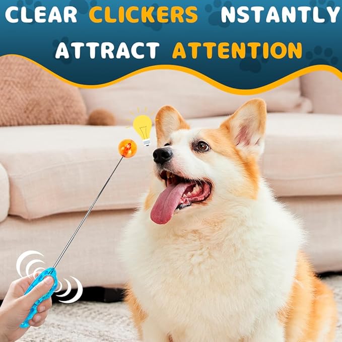 DuDuDog Dog Training Clicker for Training with Retractable Target Stick and Bright Ball, Clear Plastic Handle, Adjustable Length Trainer for Dogs, Puppies, Cats and Pets
