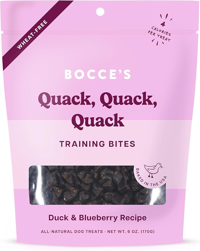 Bocce's Bakery Quack, Quack, Quack Training Treats for Dogs, Wheat-Free Dog Treats, Made with Real Ingredients, Baked in The USA, Natural & Low Calorie Training Bites, Duck & Blueberry, 6 oz