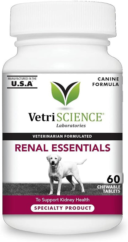VetriScience Kidney Health Chewable Tablets for Dogs - Renal Essentials Support Supplement with Astragalus, Rehmannia, Nettle Seed & Cordyceps, Urinary & Renal Support, Smoke Flavor, 60 Ct