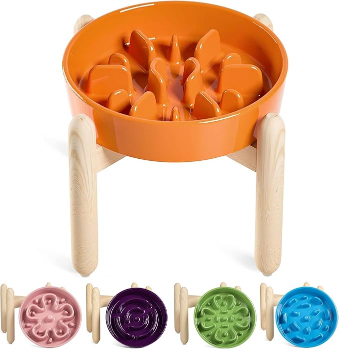 LE TAUCI Ceramic Slow Feeder Puzzle Bowl Elevated 3 Cup with Wooden Stand for Medium Large Dog, Fast Eater Slow Eating Food Bowl, Sun Orange