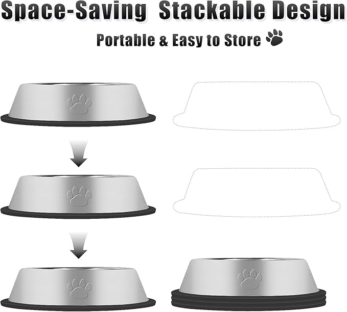 3Pcs Stainless Steel Dog Bowls Set with Dog Paw Pattern- Non-Slip Food and Water Bowl 20 Oz - Dishwasher-Safe, Rust Resistant Metal Pet Bowls for Small/Medium/Large Sized Pets