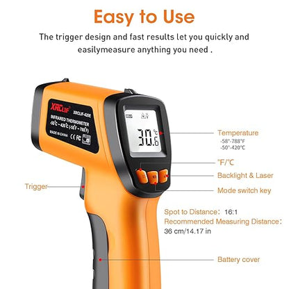 Infrared Thermometer Gun -58°F to 788°F, Laser Temperature Gun with Adjustable Emissivity, Non Contact Laser Thermometer for Cooking/BBQ/Pizza Oven/Grill & Engine - Heat Temperature Gun