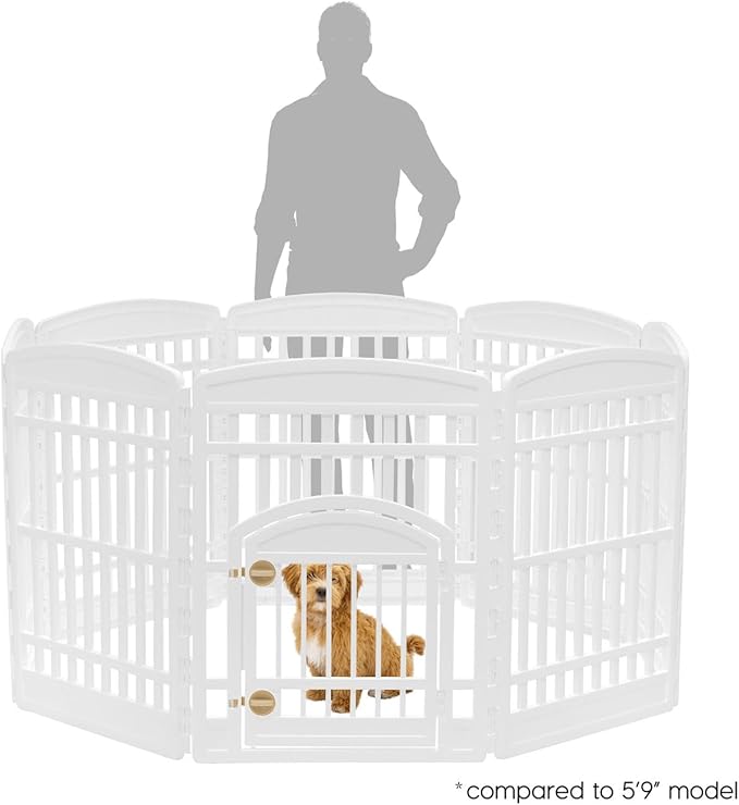 IRIS USA Dog Playpen with Door, 34” 8 Panel Pet Exercise Pen – Indoor Outdoor Puppy Play Pen, Portable Plastic Pet Fence for Small Medium Dogs, Foldable 63” x 63” x 34”, White