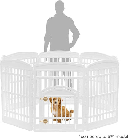 IRIS USA Dog Playpen with Door, 34” 8 Panel Pet Exercise Pen – Indoor Outdoor Puppy Play Pen, Portable Plastic Pet Fence for Small Medium Dogs, Foldable 63” x 63” x 34”, White