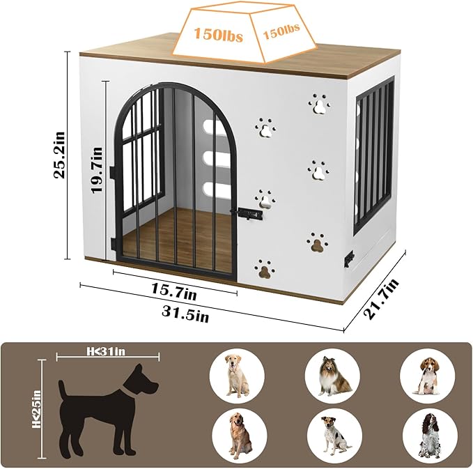 32" Dog Crate Furniture for Small Medium Dogs, Heavy Duty Wood Metal Indoor Dog Kennel with Bowls, Decorative Pet Cage Dog House as TV Stand, White & Wood