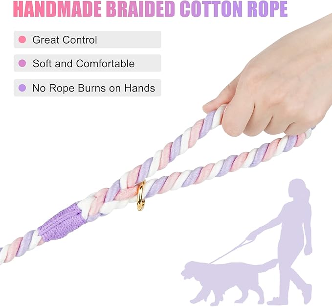 Dog Leash 6 FT Handmade Braided Cotton Rope Leashes for Small Medium and Large Dogs, New Golden Heavy Duty Metal Clasp, Unicorn Purple