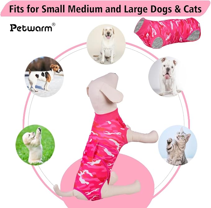 PetWarm Surgical Suit for Dogs Female, Pet Surgical Recovery Onesies Suit, Surgery Suit for Dogs, Professional Dog Abdominal Wounds Bandages, Camouflage Pattern, Pink, XS