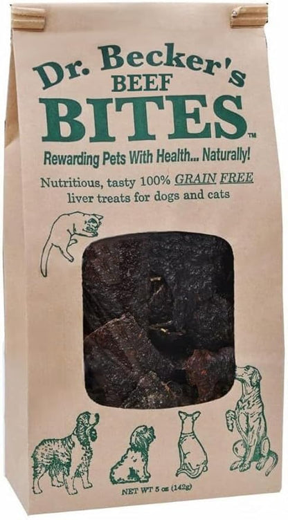 Dr. Becker's Original Beef Bites | 100% Pure Meat Protein | Grain Free Liver Training Treats for Dogs & Cats, 5 oz