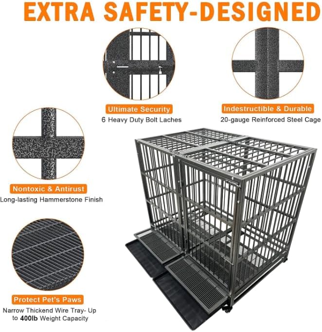 BOLDBONE 54 inch Heavy Duty Indestructible and Escape-Proof Dog Crate Cage Kennel for Large Dogs, High Anxiety Dog Crate with Removable Wire Trays and Wheels, Extra Large XL XXL, Black