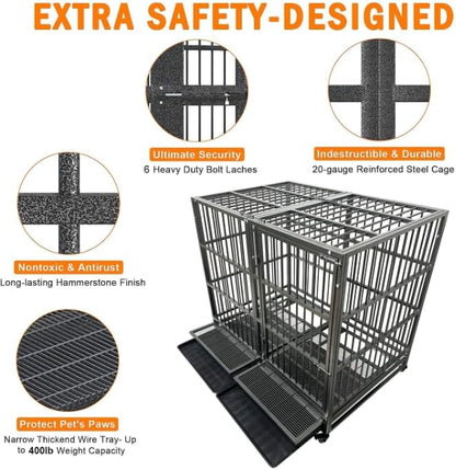BOLDBONE 54 inch Heavy Duty Indestructible and Escape-Proof Dog Crate Cage Kennel for Large Dogs, High Anxiety Dog Crate with Removable Wire Trays and Wheels, Extra Large XL XXL, Black