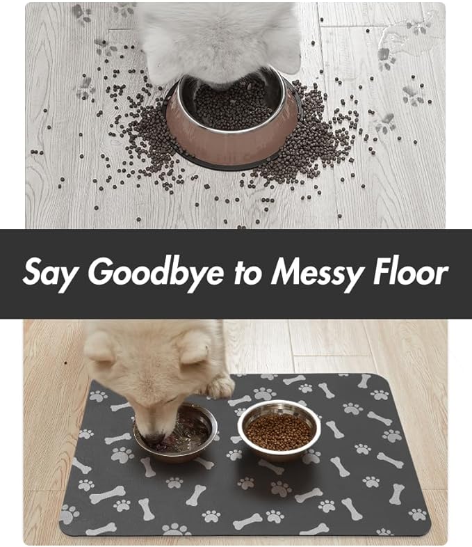 MontVoo Dog Food Mat-Pet Feeding Mat for Food and Water-No Stains Quick Dry Dispenser Cat Bowl Mat for Messy Drinkers(16"X24" Dark Grey)