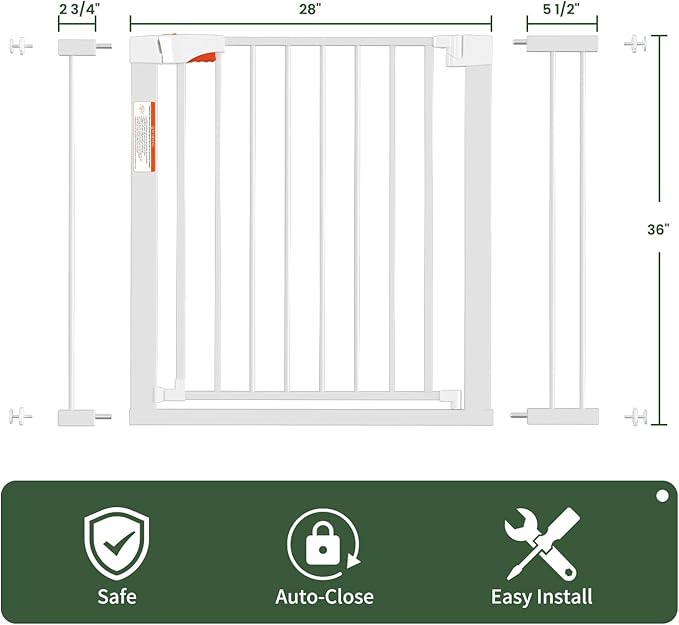 Metal Dog Gate for Door,Pressure Mounted Auto-Close Pet Gates for Dogs Indoor, Doggie Gate(White,36" Tall)