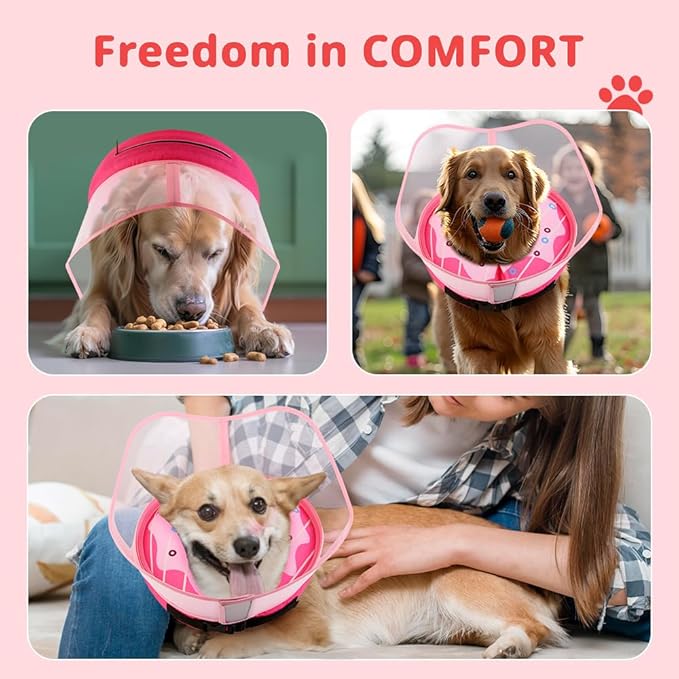 Soft Dog Cone Collar, Inflatable Cones Alternative After Surgery with No-Lick Shield for Large/Medium/Small Dogs to Stop Licking, Elizabethan Neck Ecollars of Shame Comfy Pillow Recovery, Pink