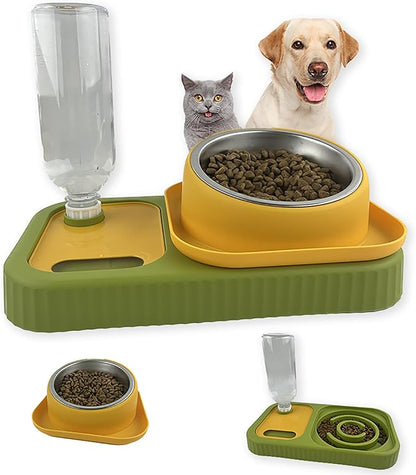 Cat Dog Food and Water Bowl Set, Double Food Bowls with Automatic Gravity Water Bottle, Raised Slow Feeder, Detachable Stainless Steel Bowl, 15°Tilt Elevated No Spill Dispenser (Yellow+Green)