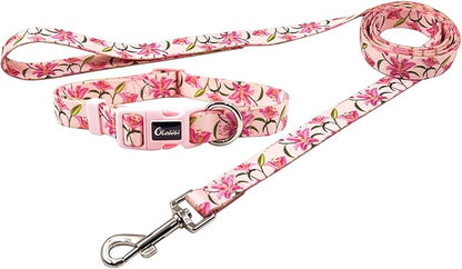 Dog Collar Leash Set, Floral Pattern, Polyester Material, Adjustable Collar and 5ft Matchcing Leash, 5ft Leash, for Small Dogs.(S, Pink Lily)