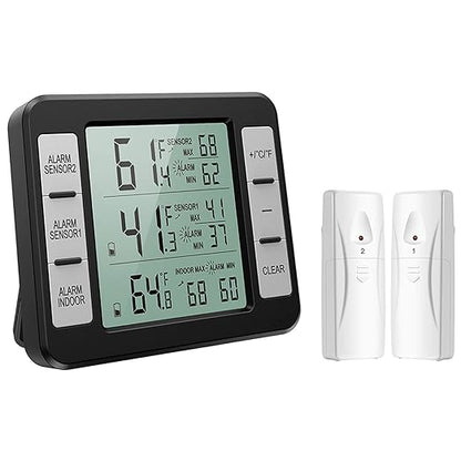 KeeKit Refrigerator Thermometer, Indoor Outdoor Thermometer with 2 Sensors, Wireless Digital Freezer Thermometer with Audible Alarm Temperature Gauge, Min/Max Record for Home, Kitchen