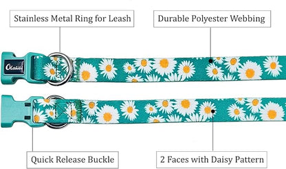 Dog Collar and Leash Set, Cute Daisy Pattern, Polyester Material, 5ft Leash, for Large Dogs.(Large,Green Daisy)