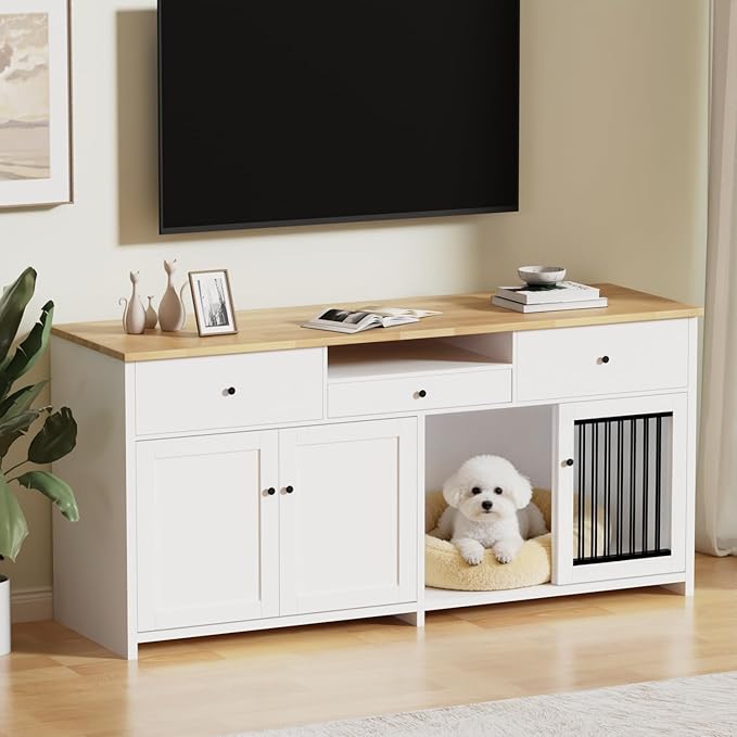 78" Double Door Dog Crate Furniture TV Stand, Heavy Duty Wooden Dog Kennel with 3 Drawers & 2 Cabinets, Extra Large Indoor Dog Cage for Medium/Large Dogs, White